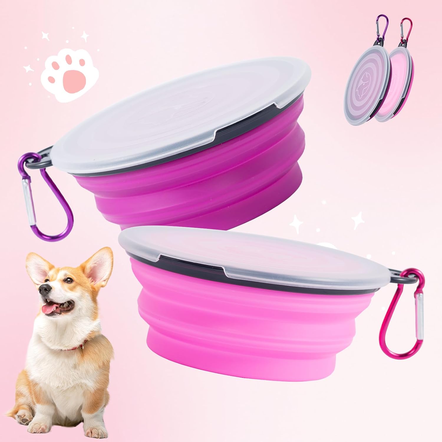 Pink Purple 2-Pack Collapsible Dog Travel Bowls - Image 2