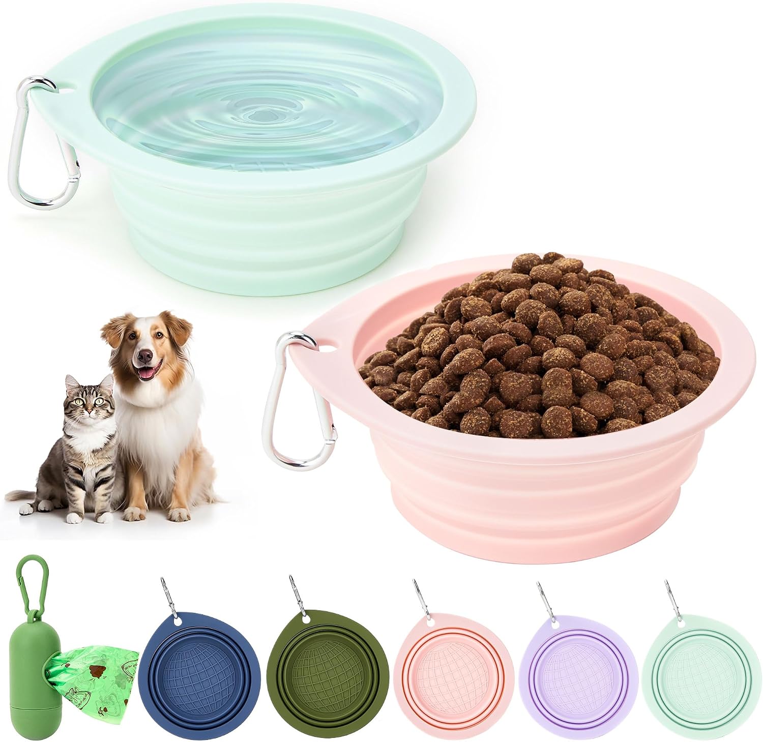3-Pack Pink Green Collapsible Dog Bowls Dispenser